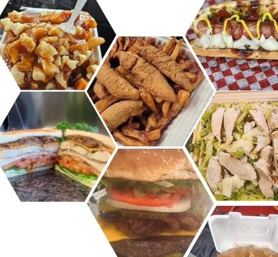 Poutine, burger, hot dog, club sandwich and chicken fingers from 3's Company